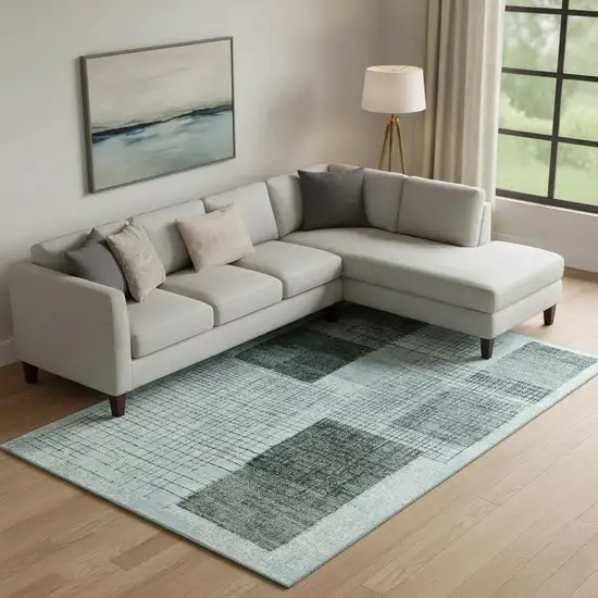 Teal And Gray Geometric Washable Area Rug With UV Protection Photo 2