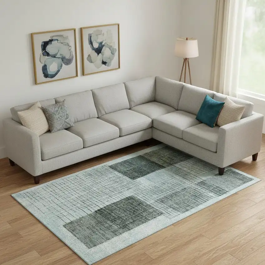 Teal And Gray Geometric Washable Area Rug With UV Protection Photo 2