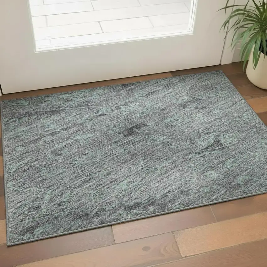 Teal And Gray Medallion Washable Area Rug With UV Protection Photo 2