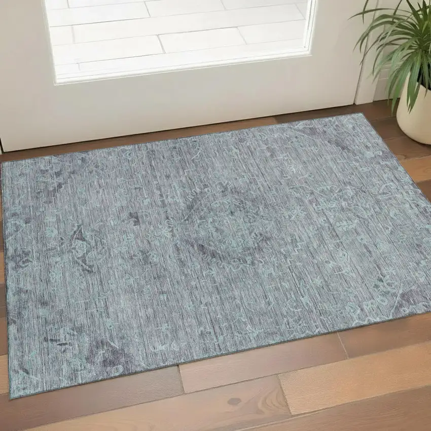 Teal And Gray Medallion Washable Area Rug With UV Protection Photo 1