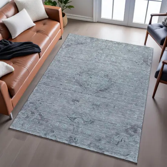 Teal And Gray Medallion Washable Area Rug With UV Protection Photo 4