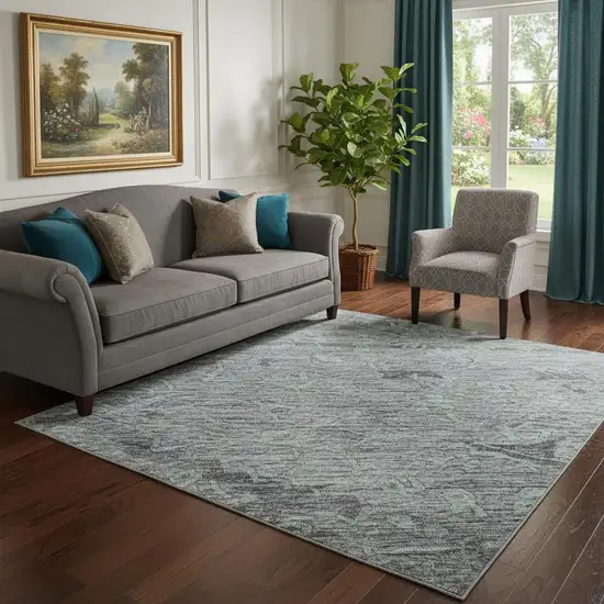 Teal And Gray Medallion Washable Area Rug With UV Protection Photo 2