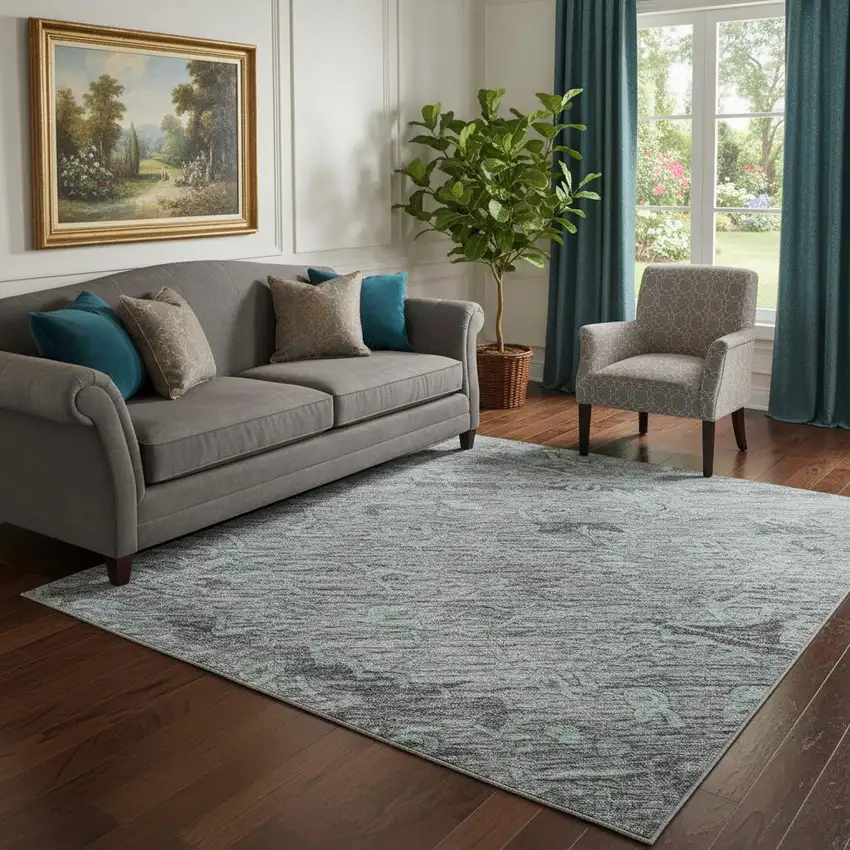 Teal And Gray Medallion Washable Area Rug With UV Protection Photo 2