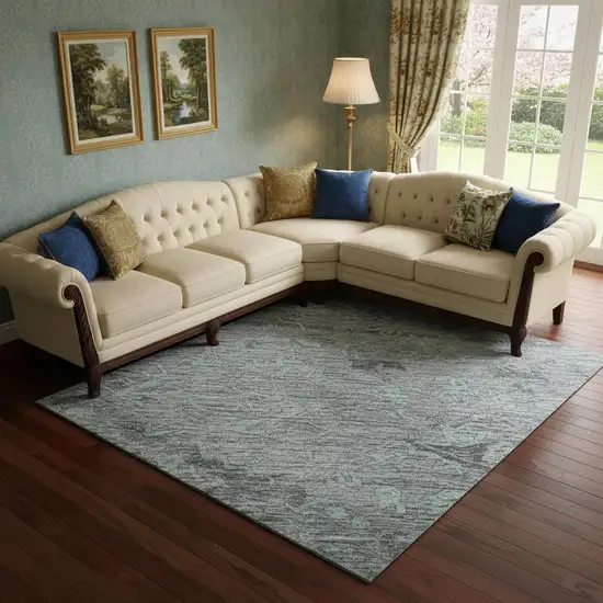 Teal And Gray Medallion Washable Area Rug With UV Protection Photo 2