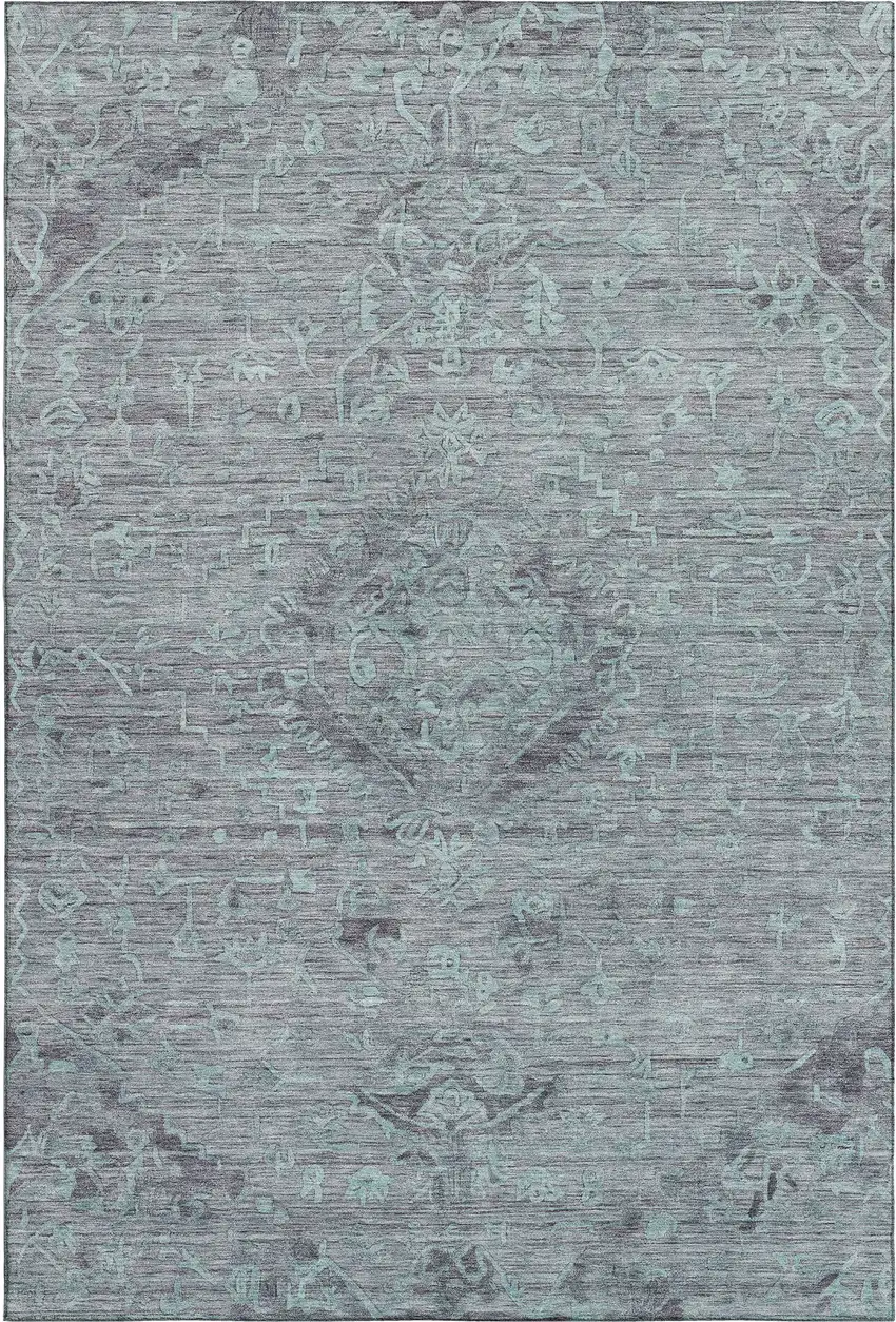 Teal And Gray Medallion Washable Area Rug With UV Protection Photo 4