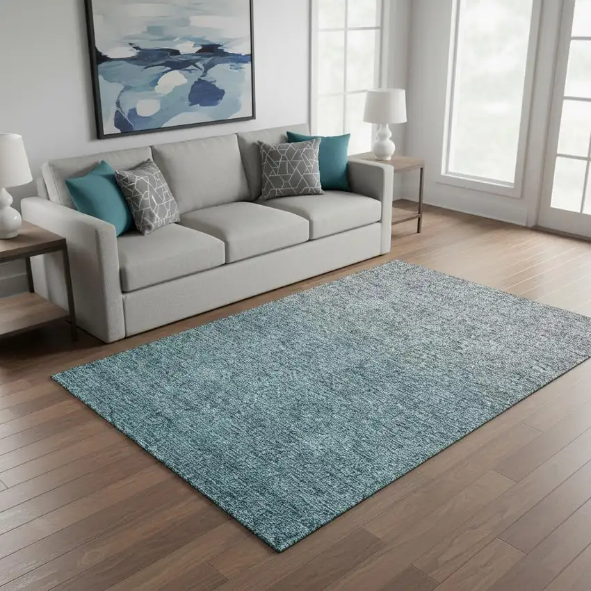 Teal And Gray Ombre Washable Area Rug With UV Protection Photo 2