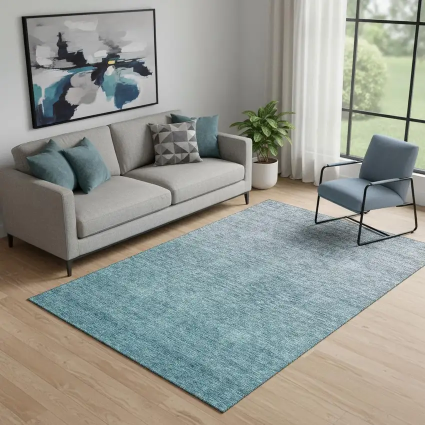 Teal And Gray Ombre Washable Area Rug With UV Protection Photo 1