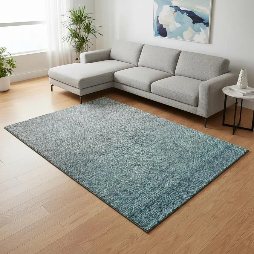 Teal And Gray Ombre Washable Area Rug With UV Protection Photo 2