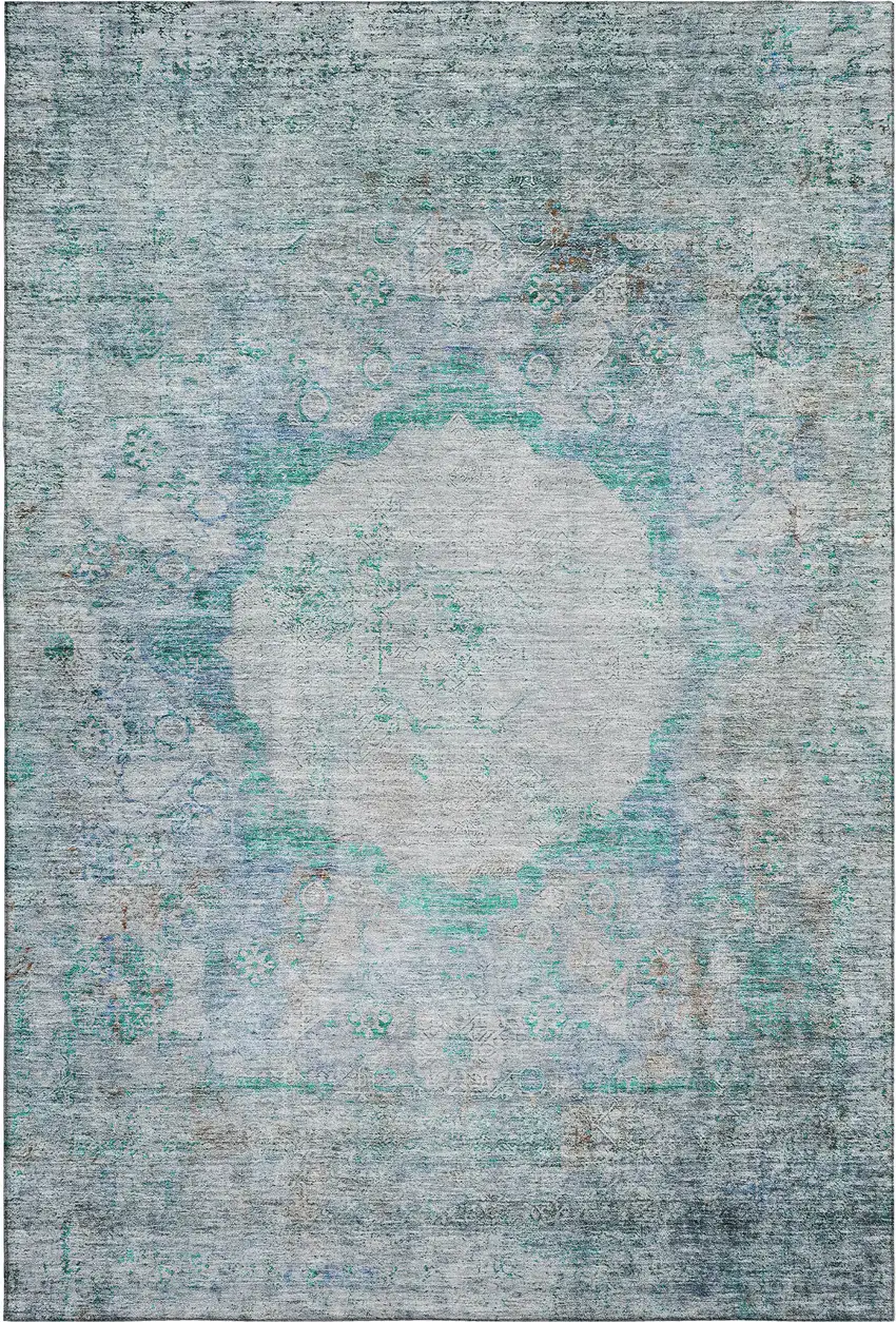 Teal And Gray Oriental Washable Area Rug With UV Protection Photo 1