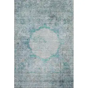 Photo of Teal And Gray Oriental Washable Area Rug With UV Protection