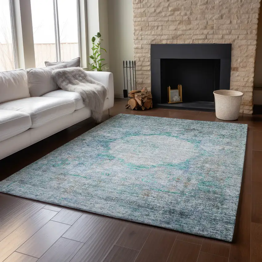 Teal And Gray Oriental Washable Area Rug With UV Protection Photo 5
