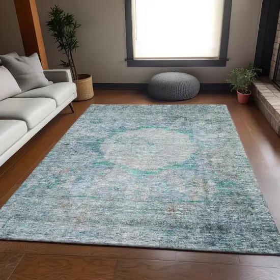 Teal And Gray Oriental Washable Area Rug With UV Protection Photo 4
