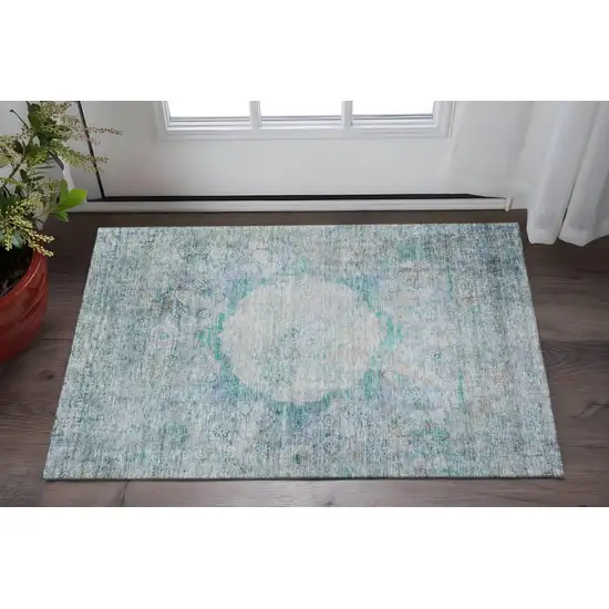 Teal And Gray Oriental Washable Area Rug With UV Protection Photo 2