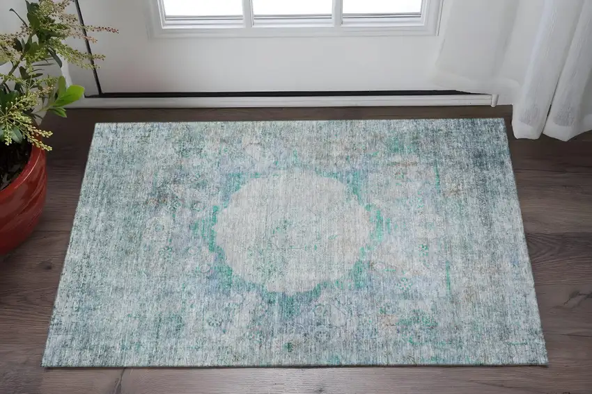 Teal And Gray Oriental Washable Area Rug With UV Protection Photo 2