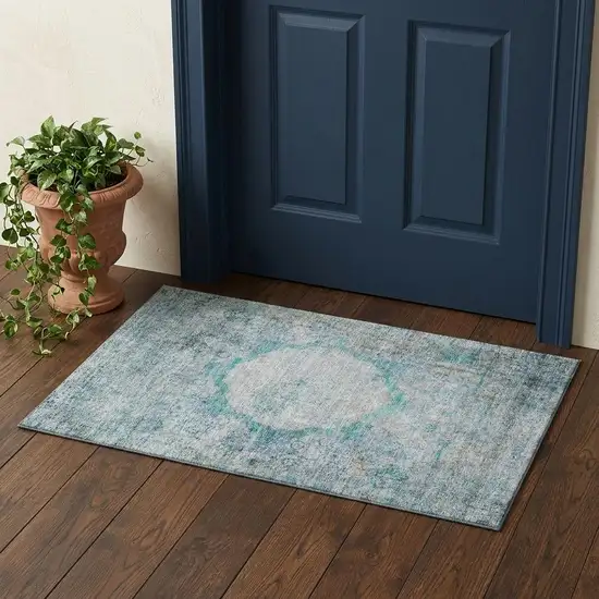 Teal And Gray Oriental Washable Area Rug With UV Protection Photo 1