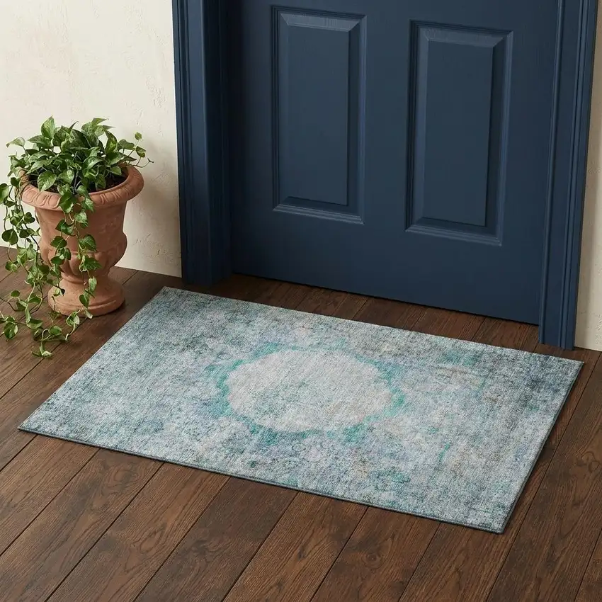 Teal And Gray Oriental Washable Area Rug With UV Protection Photo 1