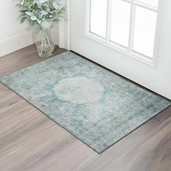 Teal And Gray Oriental Washable Area Rug With UV Protection Photo 1