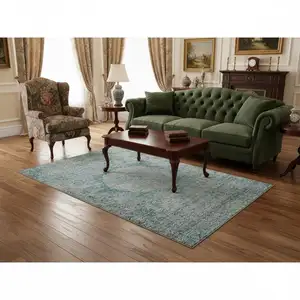 Photo of Teal And Gray Oriental Washable Area Rug With UV Protection