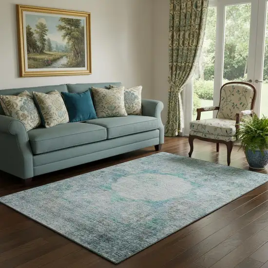 Teal And Gray Oriental Washable Area Rug With UV Protection Photo 1