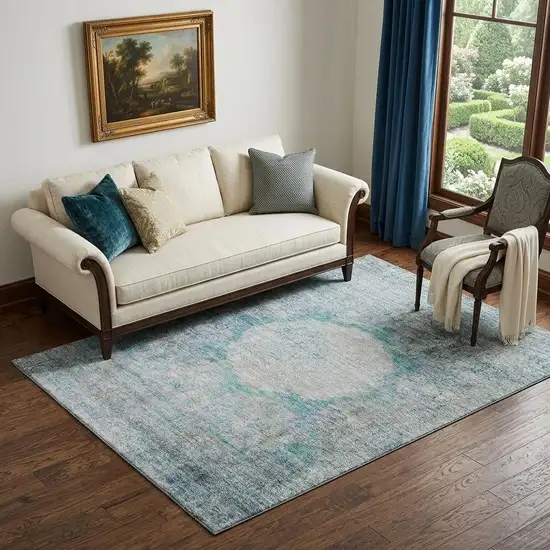 Teal And Gray Oriental Washable Area Rug With UV Protection Photo 1