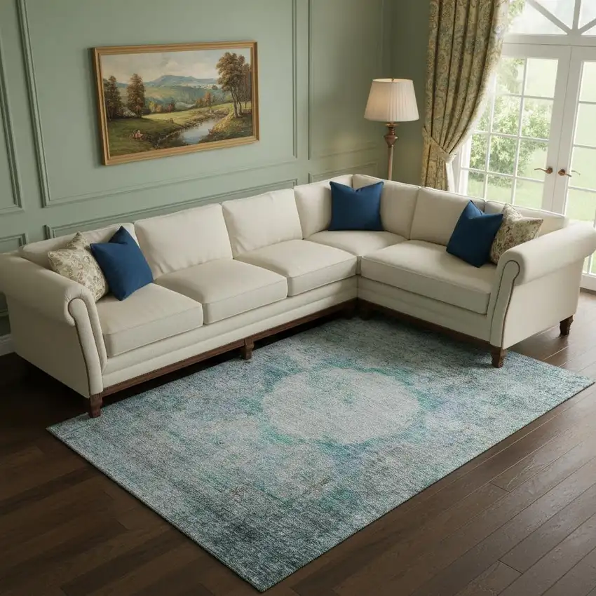 Teal And Gray Oriental Washable Area Rug With UV Protection Photo 1