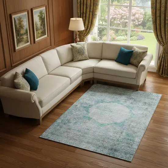 Teal And Gray Oriental Washable Area Rug With UV Protection Photo 3