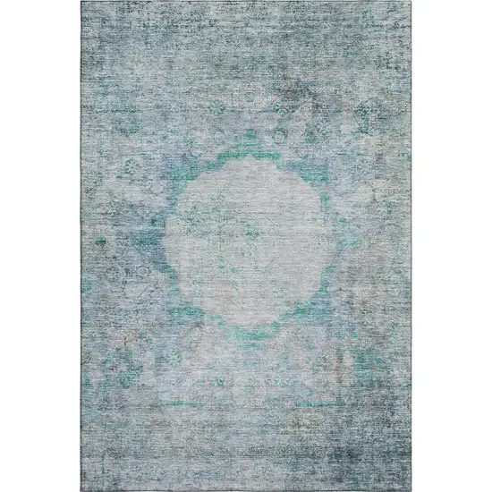 Teal And Gray Oriental Washable Area Rug With UV Protection Photo 2