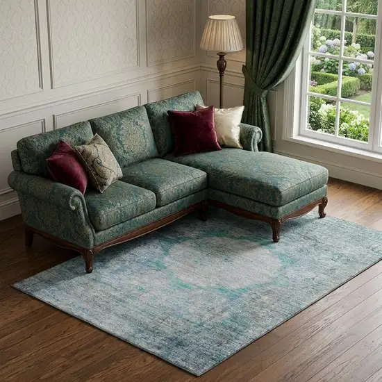 Teal And Gray Oriental Washable Area Rug With UV Protection Photo 1