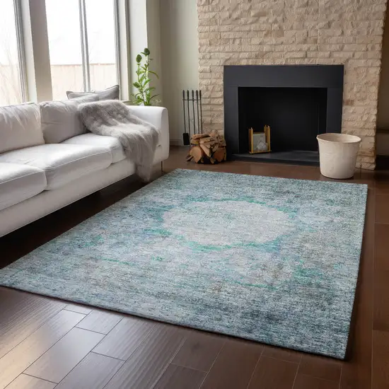 Teal And Gray Oriental Washable Area Rug With UV Protection Photo 4