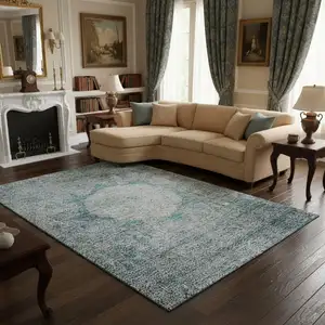 Photo of Teal And Gray Oriental Washable Area Rug With UV Protection