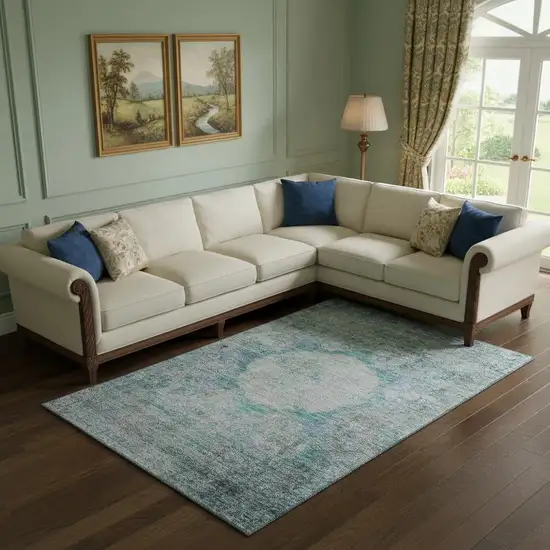 Teal And Gray Oriental Washable Area Rug With UV Protection Photo 1