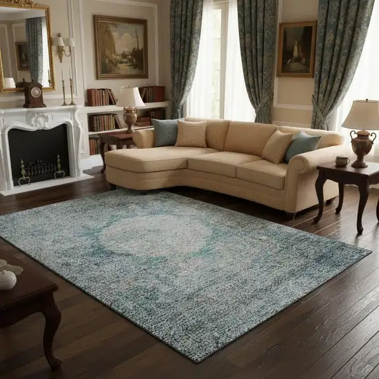 Teal And Gray Oriental Washable Area Rug With UV Protection Photo 1