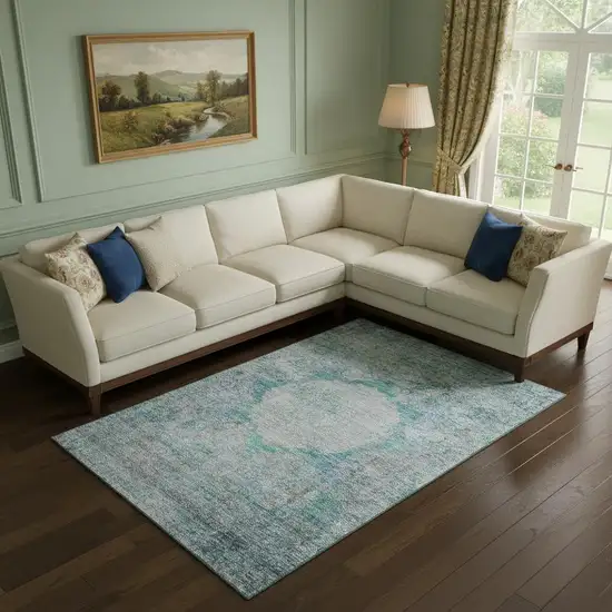 Teal And Gray Oriental Washable Area Rug With UV Protection Photo 1