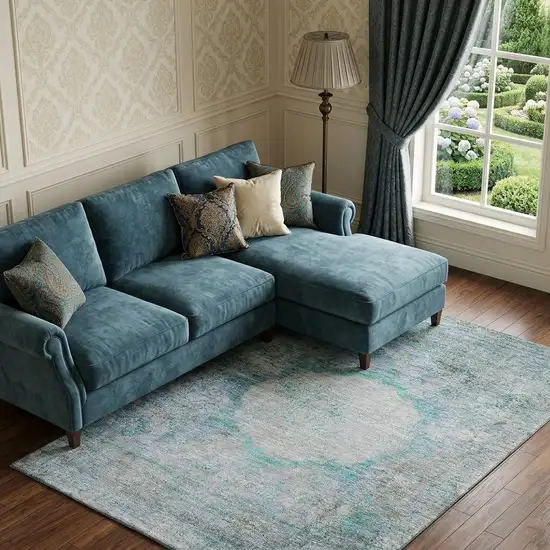Teal And Gray Oriental Washable Area Rug With UV Protection Photo 1