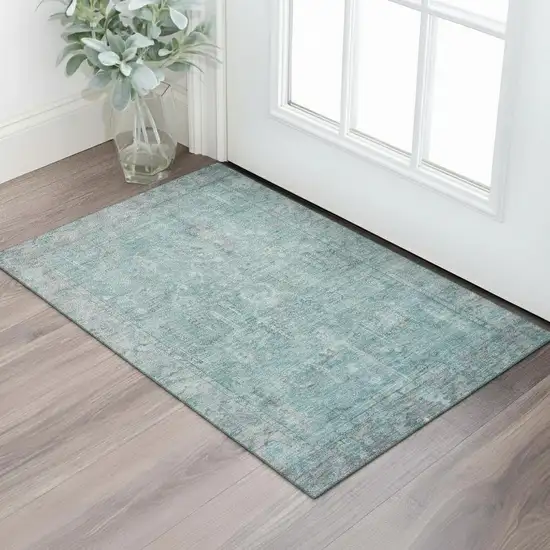 Teal And Gray Oriental Washable Area Rug With UV Protection Photo 2