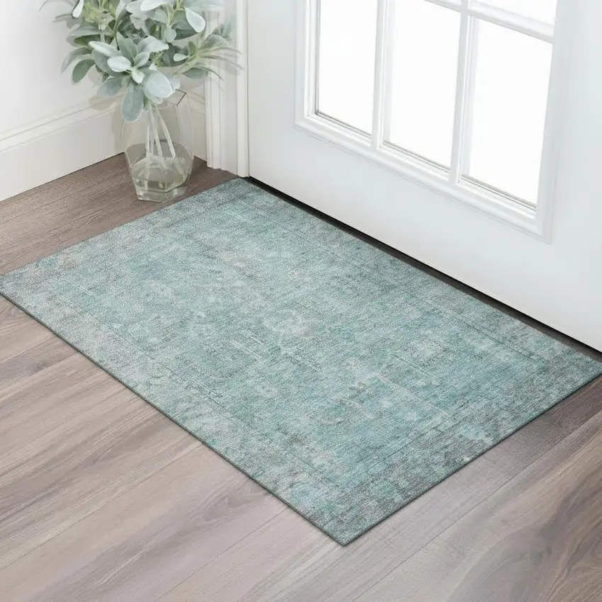 Teal And Gray Oriental Washable Area Rug With UV Protection Photo 2