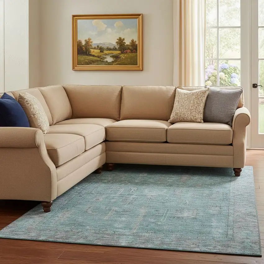 Teal And Gray Oriental Washable Area Rug With UV Protection Photo 2