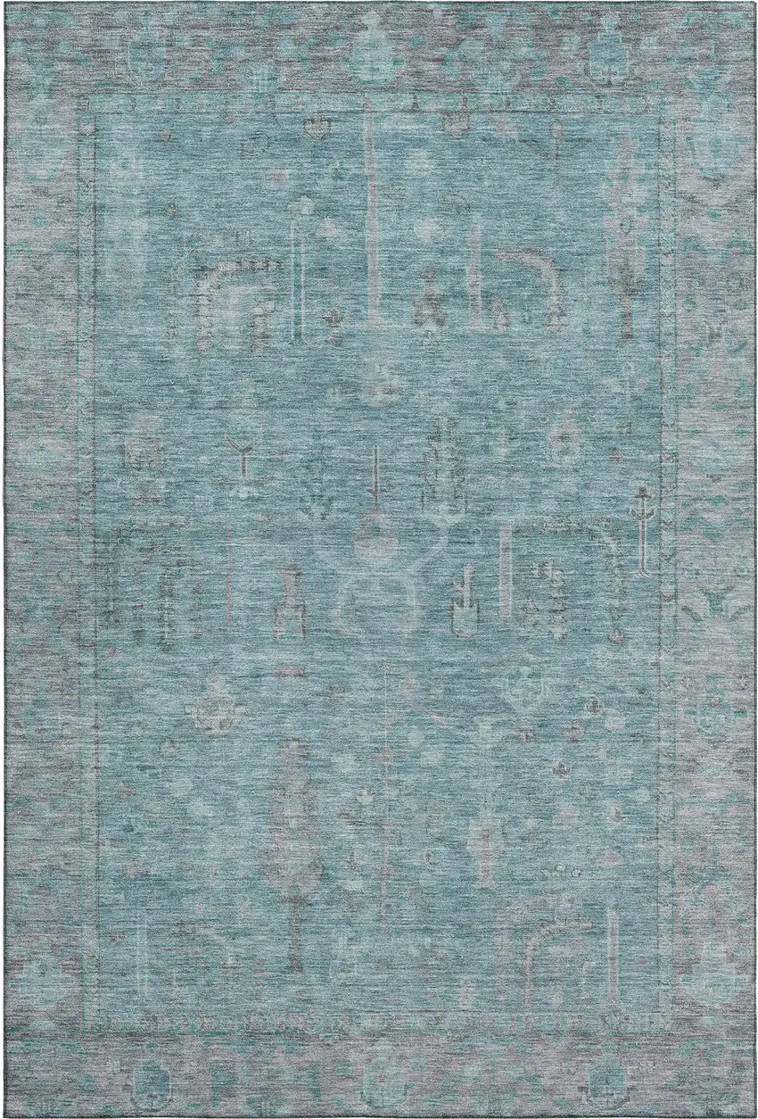 Teal And Gray Oriental Washable Area Rug With UV Protection Photo 1