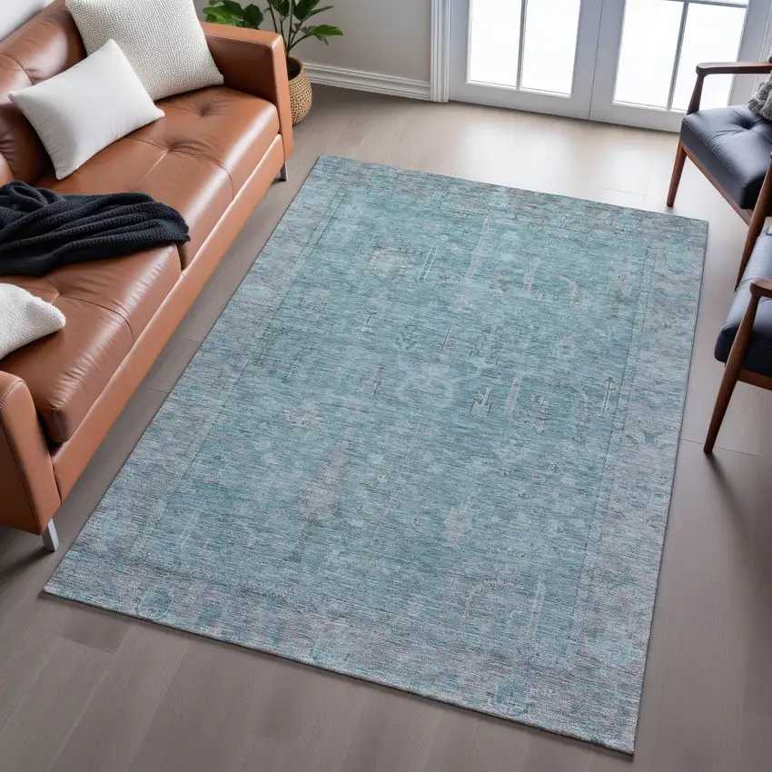 Teal And Gray Oriental Washable Area Rug With UV Protection Photo 5