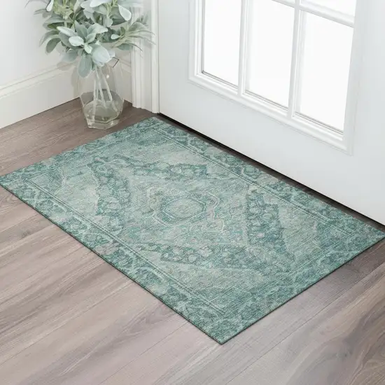 Teal And Gray Oriental Washable Area Rug With UV Protection Photo 2