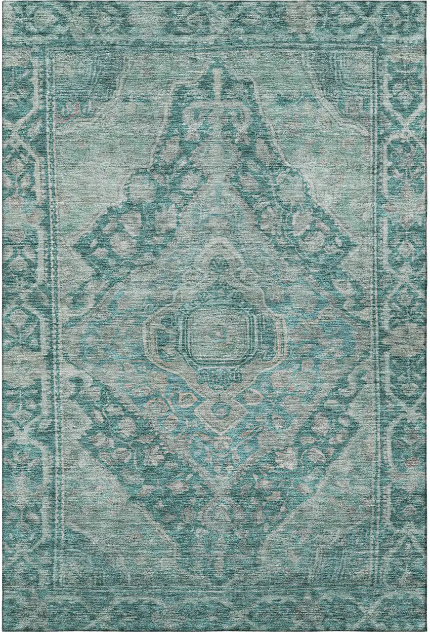 Teal And Gray Oriental Washable Area Rug With UV Protection Photo 3