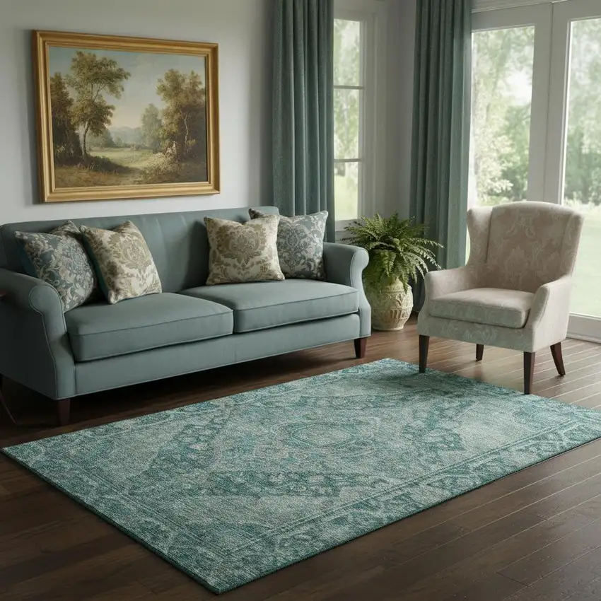 Teal And Gray Oriental Washable Area Rug With UV Protection Photo 2