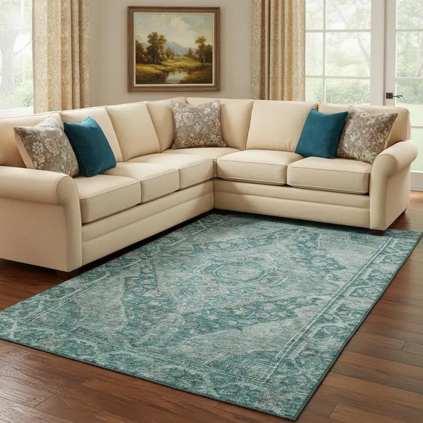 Teal And Gray Oriental Washable Area Rug With UV Protection Photo 2