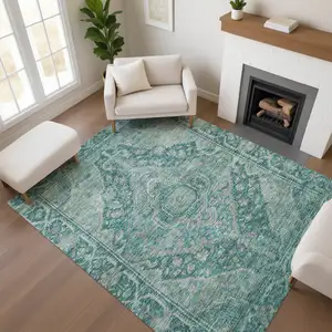 Photo of Teal And Gray Oriental Washable Area Rug With UV Protection