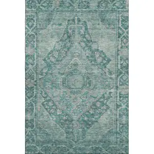 Photo of Teal And Gray Oriental Washable Area Rug With UV Protection