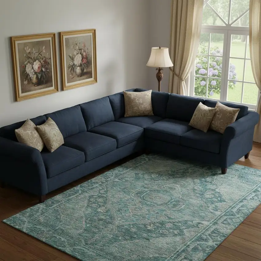 Teal And Gray Oriental Washable Area Rug With UV Protection Photo 2