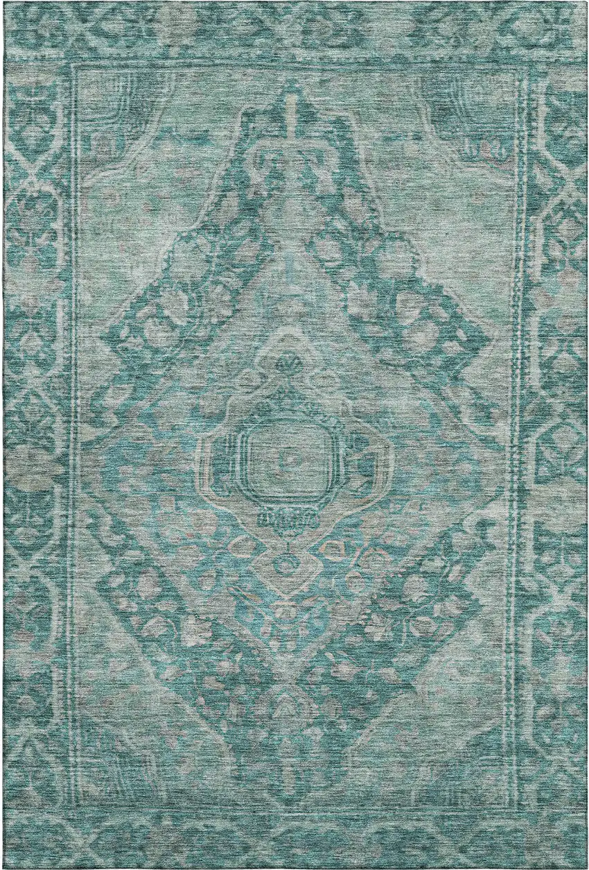 Teal And Gray Oriental Washable Area Rug With UV Protection Photo 1