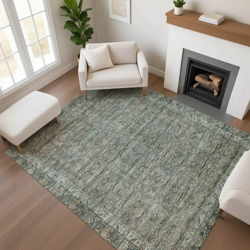 Teal And Gray Oriental Washable Area Rug With UV Protection Photo 4