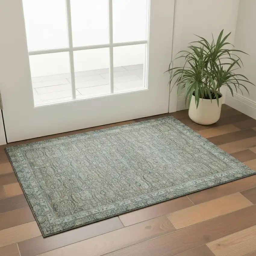Teal And Gray Oriental Washable Area Rug With UV Protection Photo 2
