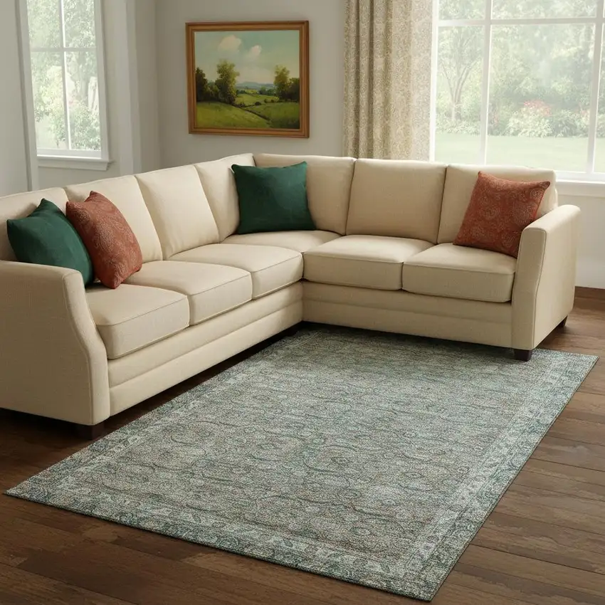 Teal And Gray Oriental Washable Area Rug With UV Protection Photo 2